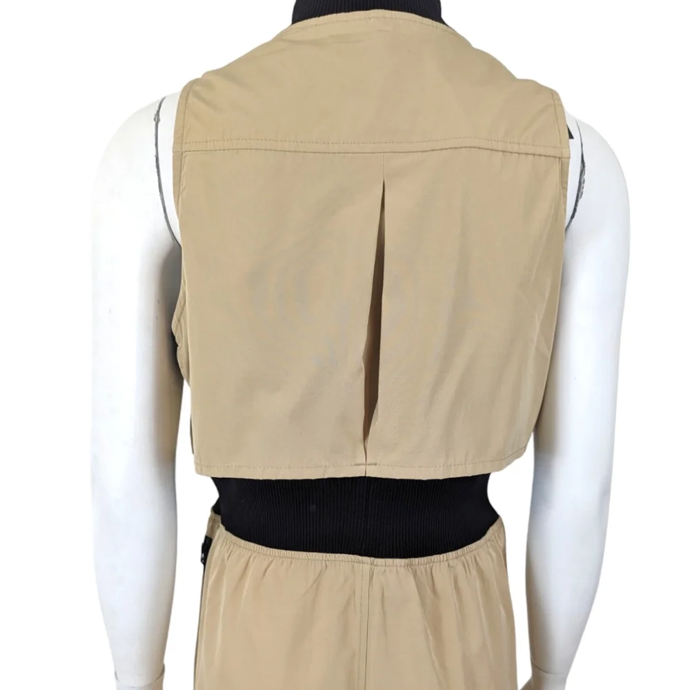 GSTQ 2 Way Zip Midi Dress NEW Womens Medium Beige Black Minimalist - Picture 8 of 14